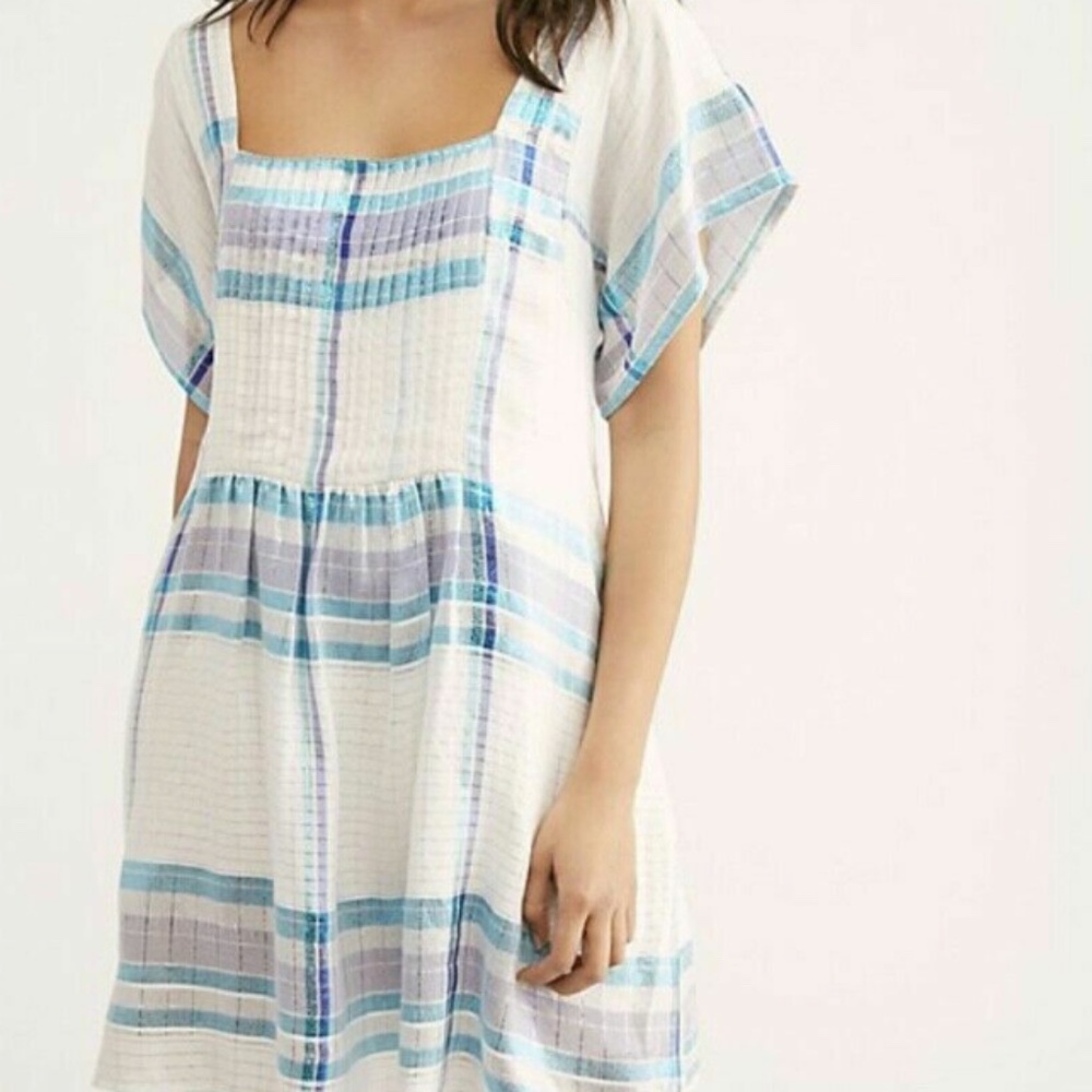 Free People White w Blue and Purple Metallic Accents Mini Dres Size Small